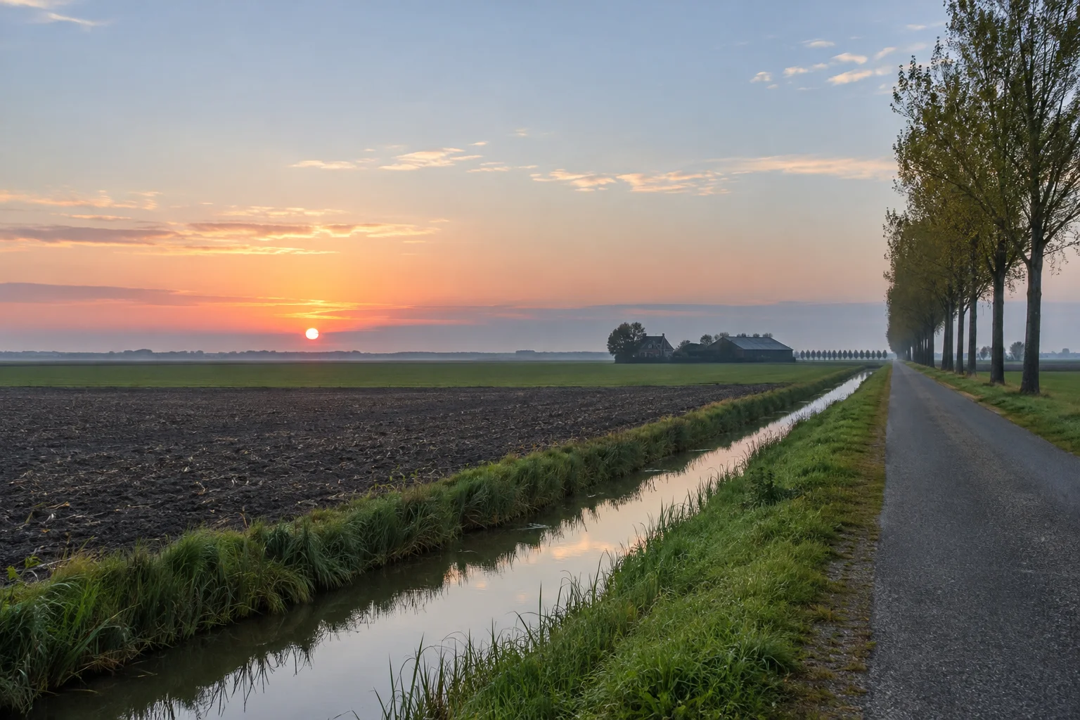 Gegenereerd sfeerbeeld van een polder met akkers, een sloot, een boerderij en een bomenrij bij laagstaande zon.